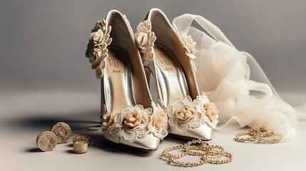 Beautiful luxury wedding bouquet and heels for bride. Generative Ai