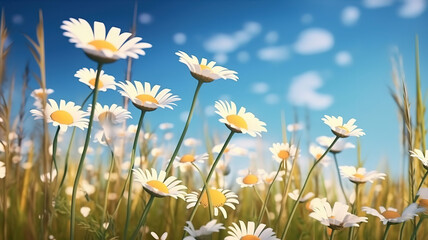 Fototapeta na wymiar meadow with daisies against a background of a blue sky. Generative Ai