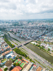 Aerial view of Ho Chi Minh City skyline and skyscrapers in center of heart business at Ho Chi Minh City downtown. Cityscape and many buildings, local houses