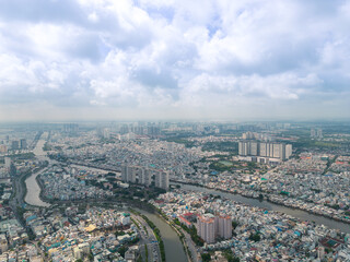 Aerial view of Ho Chi Minh City skyline and skyscrapers in center of heart business at Ho Chi Minh City downtown. Cityscape and many buildings, local houses