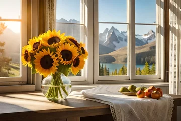 Rolgordijnen sunflowers in a window © Humaira