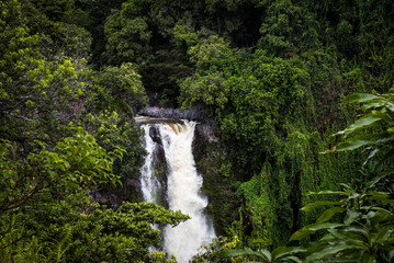 Fototapeta na wymiar Makahiku falls surrounded by tropical vegetation