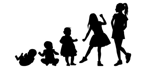 Vector illustration. Silhouette of growing up man from baby to old age. Many people of different ages in a row.