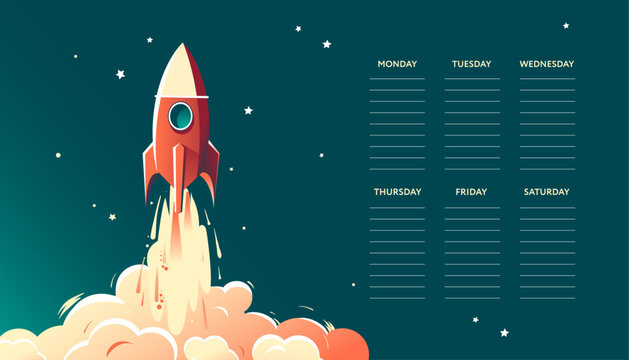 School timetable template with rocket, shuttle. Back to school schedule with space background for subjects