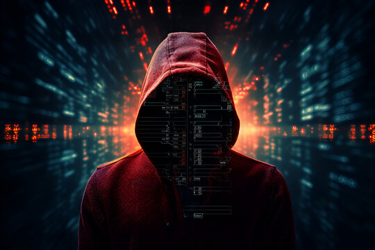 Hacker man without a face in the red hoodie on neon green and red code background.