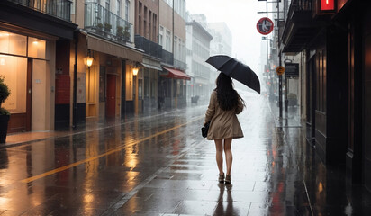 A girl walks through the streets with an umbrella in the rain. Generative AI