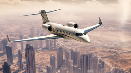 Fototapeta premium Business jet airplane flying over desert city and sea coastline.