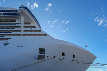 Big modern MSC Cruises cruiseship or cruise ship liner Seaside Seaview in port with downtown...