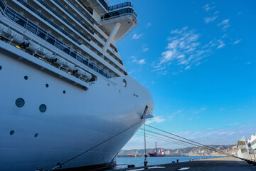 Big modern MSC Cruises cruiseship or cruise ship liner Seaside Seaview in port with downtown...