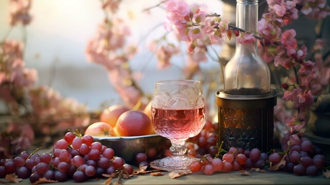 Still life with a glass of rose wine, grapes and a bottle of wine, Generation AI illustrations.
