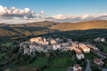 Obraz premium Aerial view, mountain village, Torniella, Province of Grosseto, Region of Siena, Tuscany, Italy