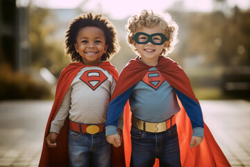 TWO CHILDREN IN SUPER HERO COSTUMES. AI ILLUSTRATION. COLOR. HORIZONTAL. - obrazy, fototapety, plakaty