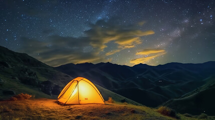 Fototapeta na wymiar Beautiful camping tent at night. Generative ai