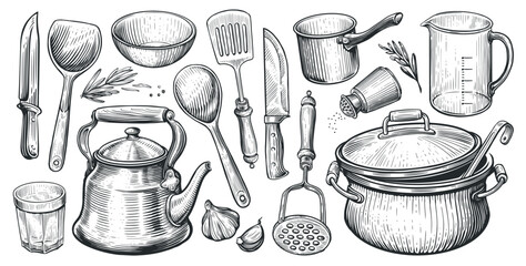 Set of kitchen utensils for cooking. Sketch vintage vector illustration for restaurant or diner menu