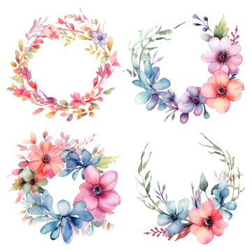 Set of Watercolor flower wreath for wedding or birthday card