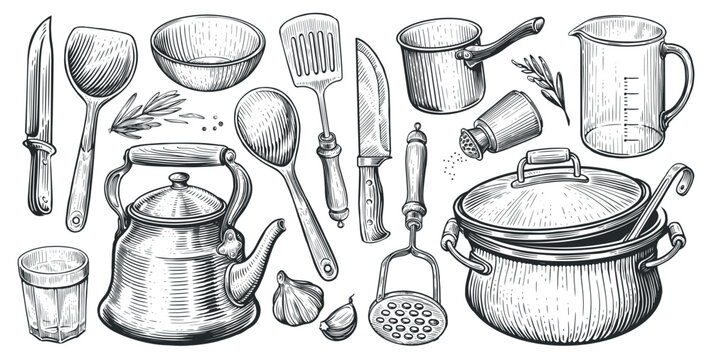 Sketch kitchen tools. Cooking utensils hand drawn kitchenware. Doodle chef  equipment vector set. Illustration of kitchenware equipment for cooking  Stock Vector Image & Art - Alamy