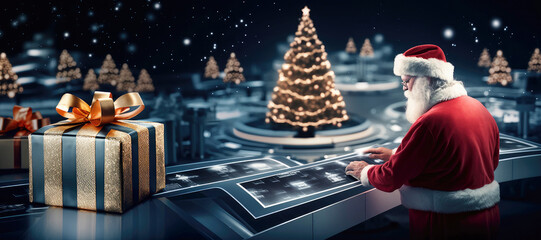 Weihnachtsmann steht in einer technischen Anlage am Steuerungsdisplay. Symbolisch für Logistik in der Advents- und Weihnachtszeit. Blauer Hintergrund mit Schneeflocken und Textfreiraum. Generative KI - 621588948