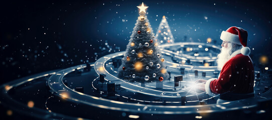 Weihnachtsmann steht in einer technischen Anlage am Steuerungsdisplay. Symbolisch für Logistik und Transport in der Advents- und Weihnachtszeit. Blauer Hintergrund mit Schneeflocken und Textfreiraum.  - 621588992