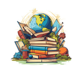 vector illustration stack of books with globe, design for cover, back to school