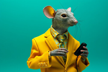 Creative template generative ai collage of smm person with mouse head use phone for call number on teal background