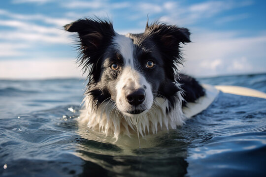 Realistic phot picture generated by ai of cute purebred white black border collie swimming on tropical island summer rest