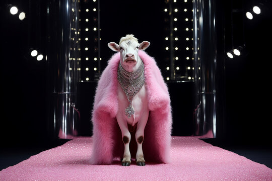 Creative artwork collage generated by ai of model cow on fashion week walk runway wear glamour couture clothes