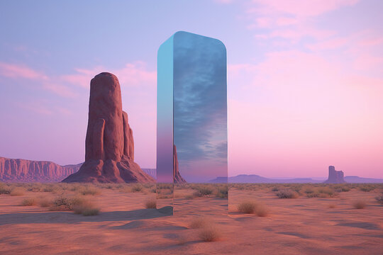 Realistic panorama image picture generated by ai of grand arizon canyon with magical glass door entry to wonderland