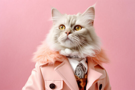 Generated ai collage of stylish trend person with cat face wear glamour elegant coat on pink color background