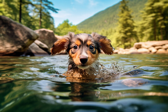 Realistic collage image picture generated by ai with cute adorable sheepdog puppy have fun with owners on forest vacation resort swim in pond