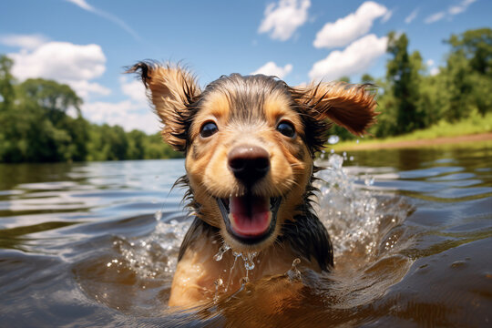 Generative ai collage of adorable puppy have fun leisure on summer vacation swimming river to his owner