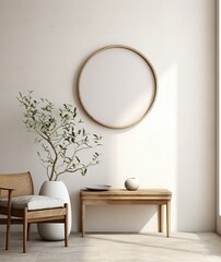 Circular Empty Frame in a Modern White Living Room. Generative AI.