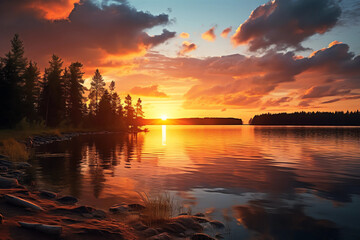 Fototapeta na wymiar Peaceful sunset over a tranquil lake for relaxation and mindfulness