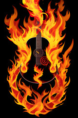 illustration of a guitar on fire on a black background, generative ai	