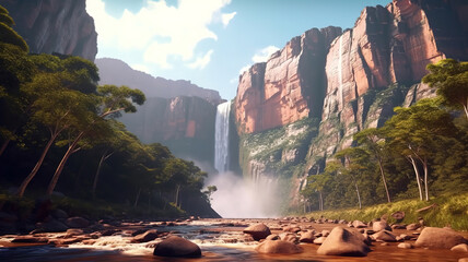 Camera moving away from Angel Falls in sunlight in Canaima National Park. Generative ai