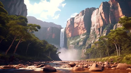Zelfklevend Fotobehang Camera moving away from Angel Falls in sunlight in Canaima National Park. Generative ai © MdMaruf