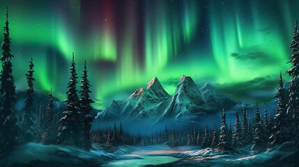 Beautiful view of a night winter landscape with aurora borealis and the moon. Generative ai