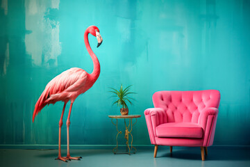 Flamingo bird standing in room with armchair