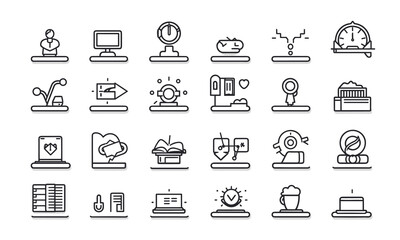 Set of e-learning line icons. Distance education and education online Online test, digital book, input, library, instructive site, meeting, educator - stock vector