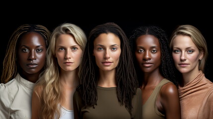 Fototapeta premium Illustration of Group of diverse women looking at camera over black background. Multiethnic group. AI generated Illustration
