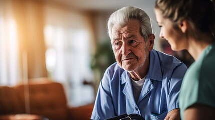 Illustration of Senior man sitting in nursing home with nurse or caregiver, copy space. AI generated Illustration