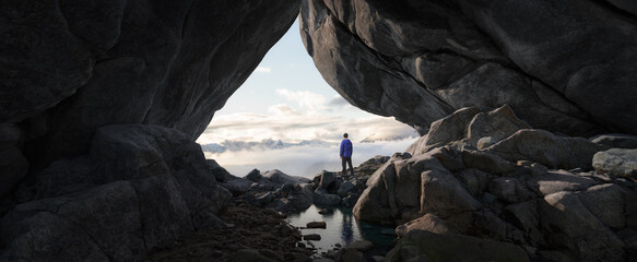 Adventurous Man Standing in cave on top of Mountain. Extreme Adventure Composite