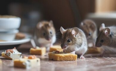 Mice on the kitchen table eat crumbs close-up. AI generated