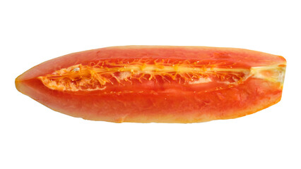 Close-up of sliced ripe papaya fruit in yellow-orange colors isolated on transparent background