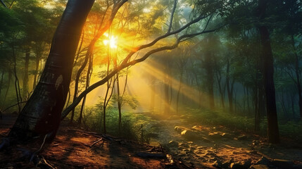 Beautiful shot of a forest with green trees and the sun shining. Generative ai
