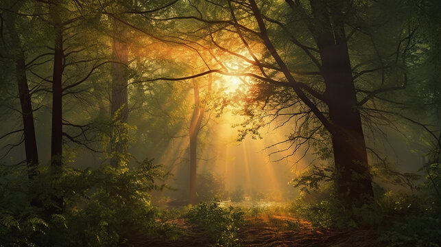 Mysterious afternoon in the foggy forest. Generative ai © MdMaruf