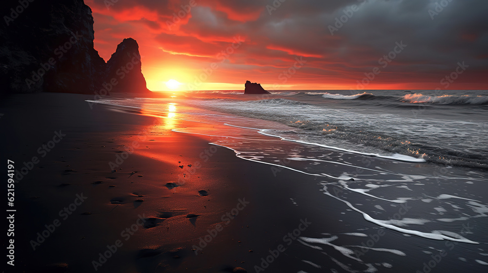 Wall mural Famous Black Sand Beach In Iceland, Sunset over Volcanic Cliffside. Generative ai - Wall murals
