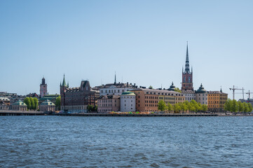 Fototapeta na wymiar Riddarholmen skyline in Stockholm Sweden on summer windy summer day