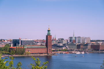 Stockholm city hall and skyline on summer day in Sweden