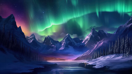 Polar lights, winterscape concept, Bright color. Generative ai