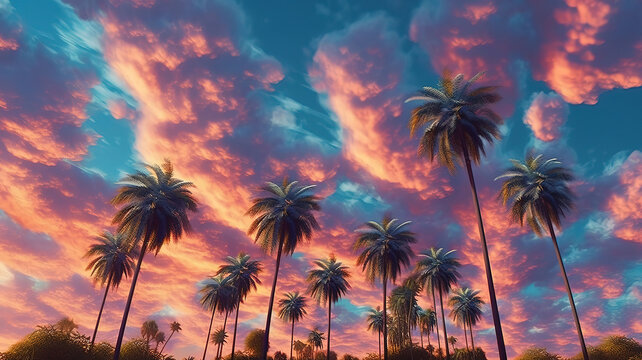 Aerial shot of dramatic clouds and the setting sun behind a row of palm trees. Generative ai